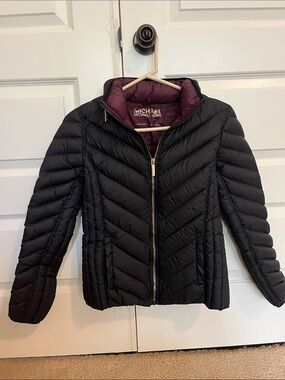 Michael Kors Black Quilted Puffer Jacket with Plum Interior